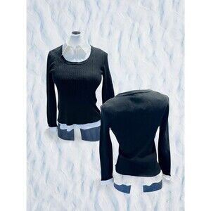 Notation Black Sweater White Collar Sleeve Bottom Trim Large